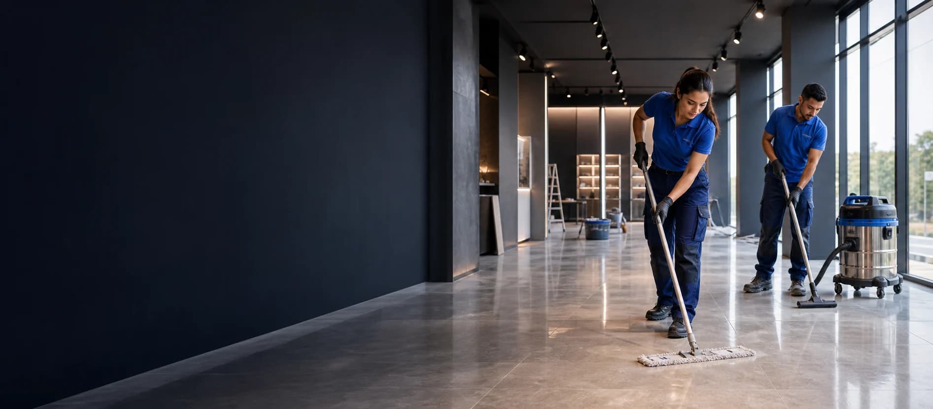 Equipe profissional realizando a limpeza final de um espaço comercial